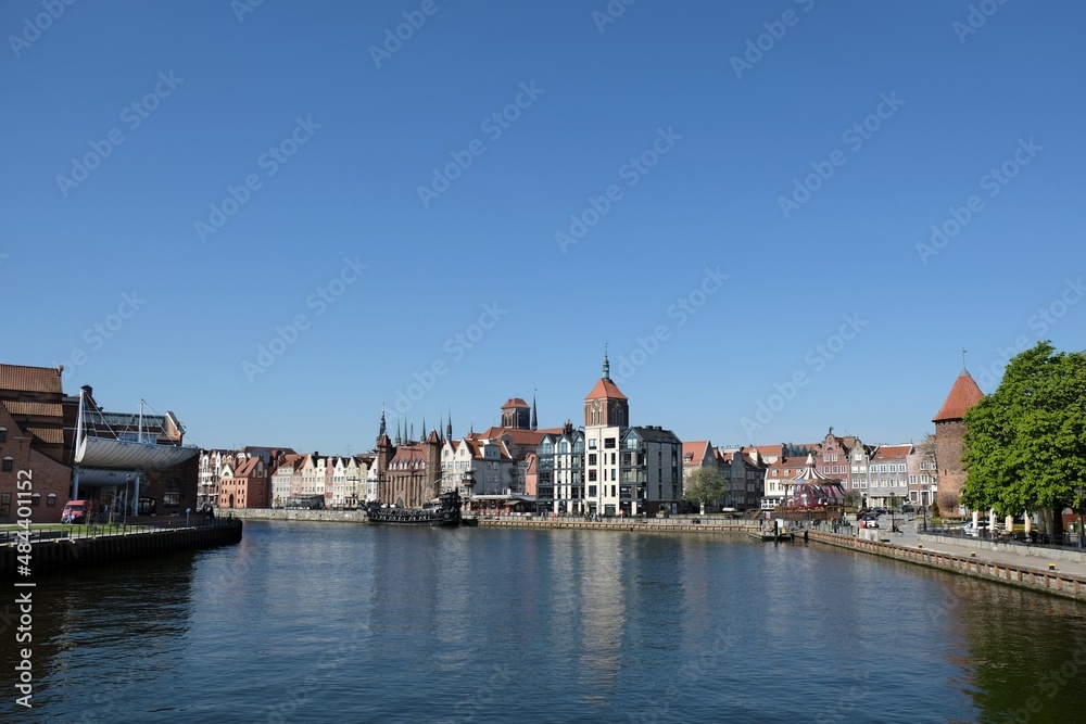 Fototapeta premium Panorama of Old Town in Gdansk and Motlawa river with ships.