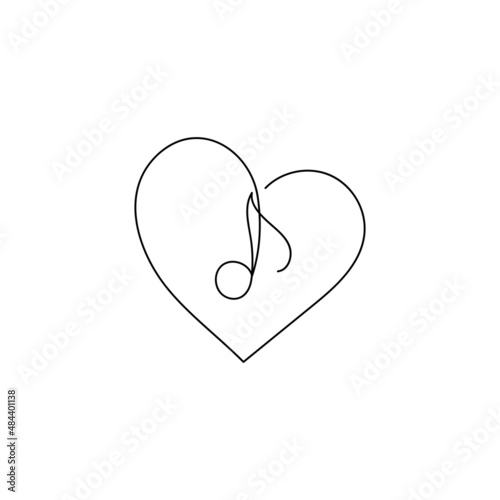 Continuous one line drawing. Heart and music note