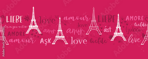 Romantic hand drawn Eiffel Tower seamless pattern, great Valentine's Day background with the word 'love' in different languages, great for textiles, banners, wallpapers, wrapping - vector design