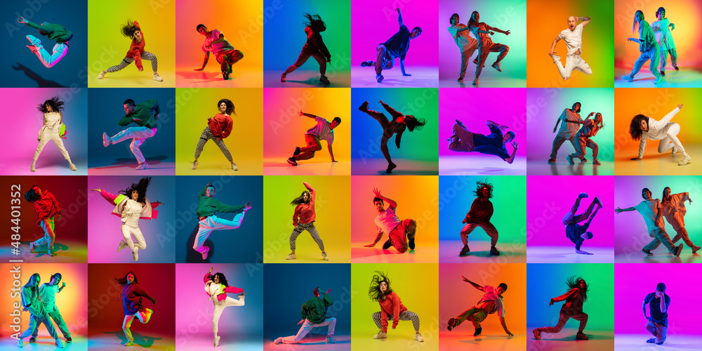 Collage with break dance or hip hop dancers dancing isolated over multicolored background in neon. Youth culture, movement, music, fashion, action. - obrazy, fototapety, plakaty 