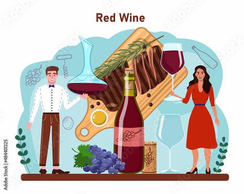 Wine concept. Grape wine in a bottle and glass full of alcohol drink.