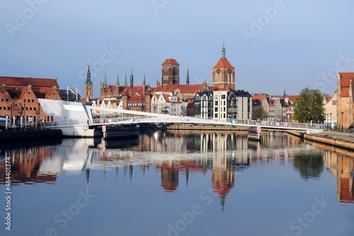Panorama of Old Town in Gdansk and Motlawa river with bridge. Poland 