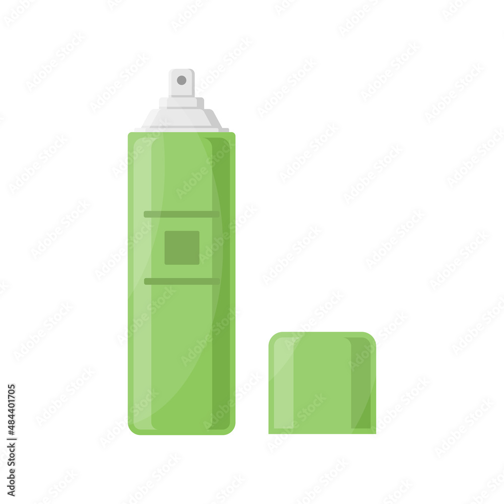 Deodorant antiperspirant spray open bottle with lid vector flat illustration. Green can hygiene cosmetic product for sweat skin care isolated. Jar tube dispenser container daily routine beauty perfume Deodorant antiperspirant spray open bottle with lid vector flat illustration. Green can hygiene cosmetic product for sweat skin care isolated. Jar tube dispenser container daily routine beauty perfume