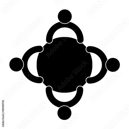 Team of four people sitting around a round table, top view on business meeting, black icon isolated on white background