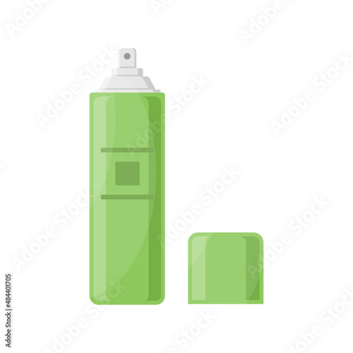 Deodorant antiperspirant spray open bottle with lid vector flat illustration. Green can hygiene cosmetic product for sweat skin care isolated. Jar tube dispenser container daily routine beauty perfume