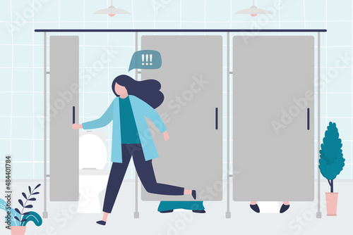Female character runs into free toilet stall. Woman goes to urinate or poop in public toilet