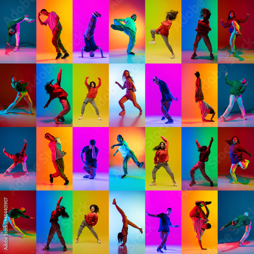 Mosaic. Set with images of young men and women break dance or hip hop dancers dancing isolated over multicolored background in neon.