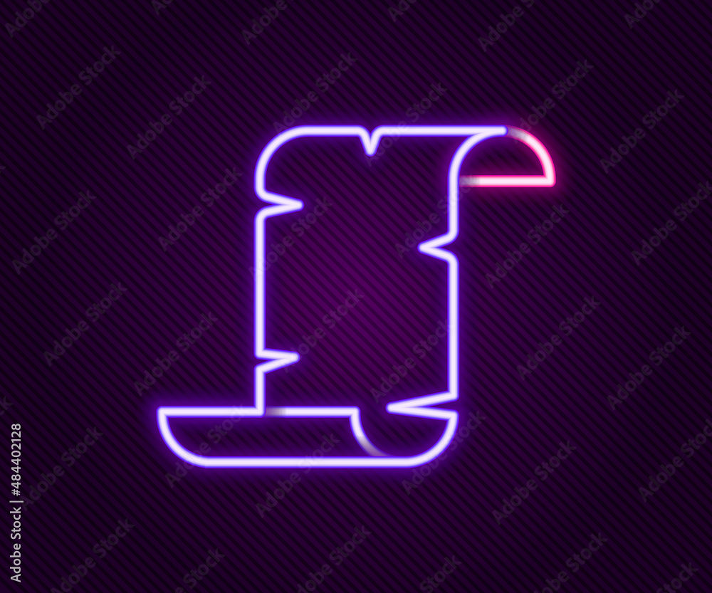 Glowing neon line Ancient papyrus scroll icon isolated on black background. Parchment paper. Ancient Egypt symbol. Colorful outline concept. Vector Glowing neon line Ancient papyrus scroll icon isolated on black background. Parchment paper. Ancient Egypt symbol. Colorful outline concept. Vector