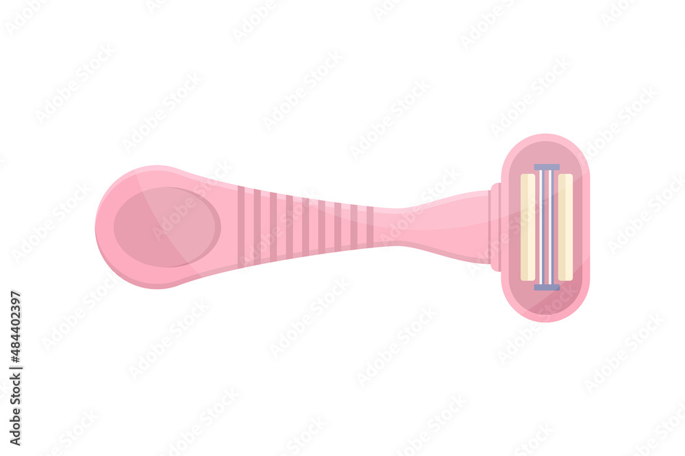 Pink female razor with blade and handle for daily personal shaving vector flat illustration. Feminine tools for depilation or epilation comfortable remove hair from body skin. Safety soft coiffure Pink female razor with blade and handle for daily personal shaving vector flat illustration. Feminine tools for depilation or epilation comfortable remove hair from body skin. Safety soft coiffure