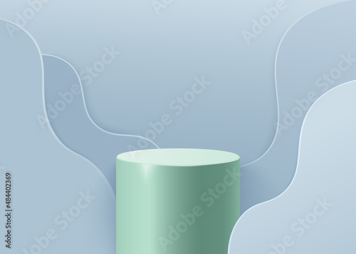 Background vector 3d blue rendered with marble podium and minimal blue cylinder scene, curve background 3d rendering podium platform shape blue pastel. 3D stage podium product on 3d background modern
