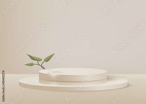 3d background products display podium scene with palm leaf geometric forms. background vector 3d render with podium. stand show cosmetic product. 3d stage showcase on pedestal geometric display beige