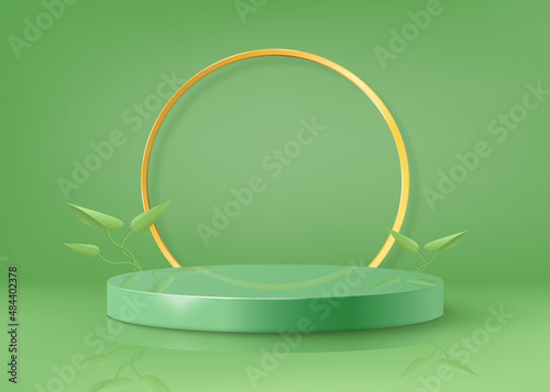 3d background products display green podium scene with platform. background vector 3d render with podium. stand to show cosmetic products. Stage showcase on pedestal display green background platform