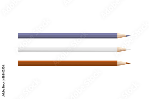 Collection makeup pencils for lips or eyes vector flat illustration. Set of feminine ink product for eyebrows eyeshadows paint liner visage professional cosmetics. Violet, white, and red eyeliner