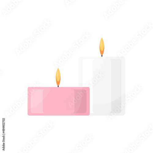 Two pink and white aroma candles with burning flame for spa relax treatment wellness therapy vector flat illustration. Home decorative elements for romantic recreation atmosphere aromatic beeswax