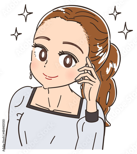 ヘアラインの丸み おでこの産毛を気にする女性のイラスト