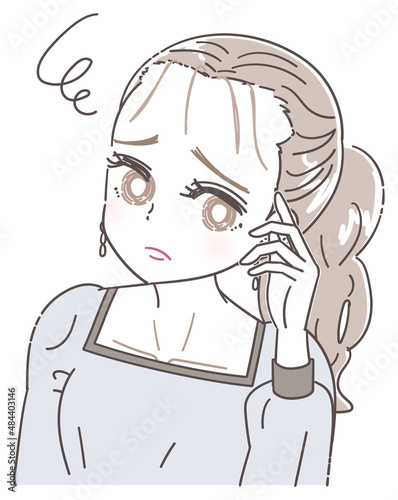 ヘアラインの丸み おでこの産毛を気にする女性のイラスト