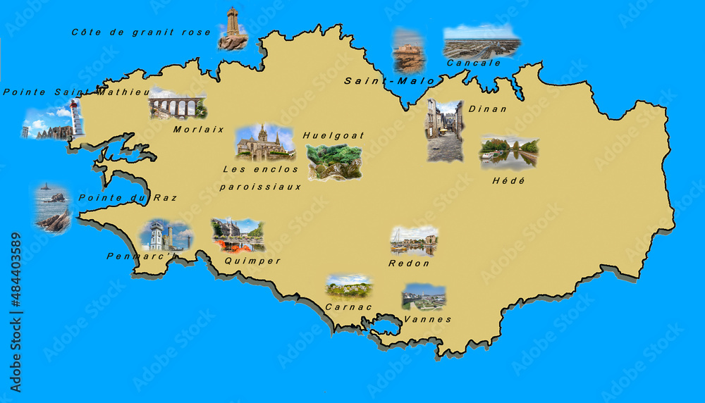 Carte de la Bretagne et quelques photos et noms de destinations touristiques.