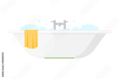 White ceramic bath with water full of soap bubbles foam vector flat illustration. Bathtub for relaxing at bathroom isolated. Domestic spa hygiene procedure. Tub with faucet and hot aqua for relaxation