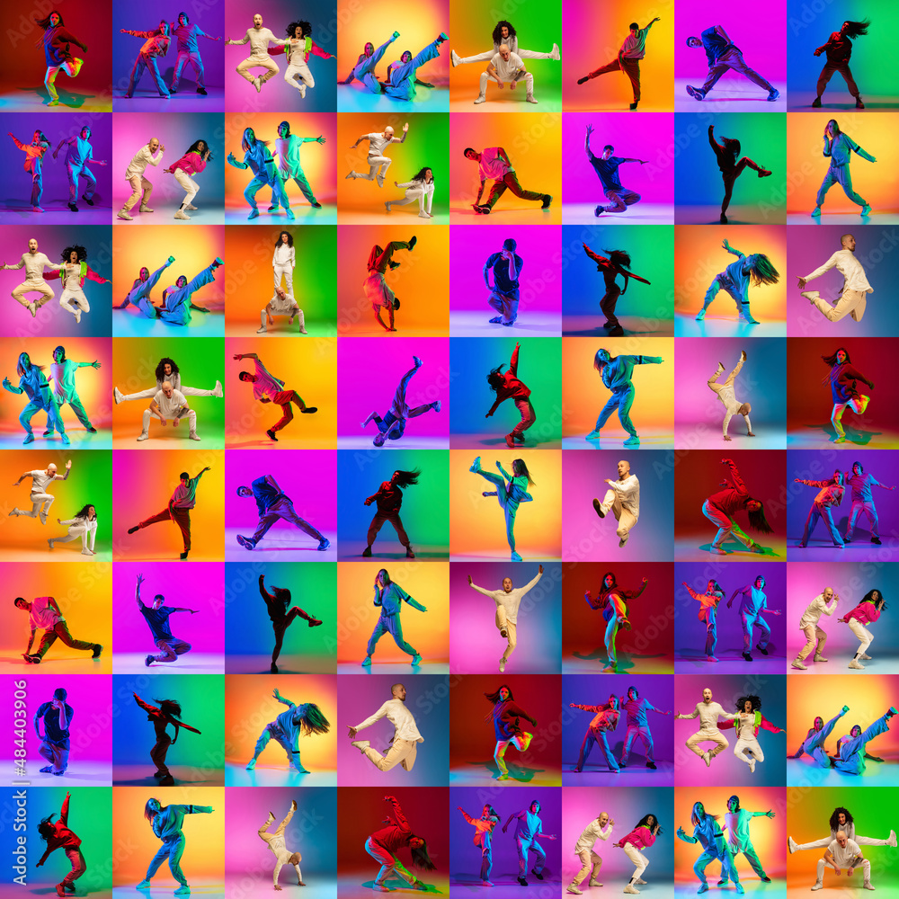 Collage with break dance or hip hop dancers dancing isolated over multicolored background in neon. Youth culture, movement, music, fashion, action. Collage with break dance or hip hop dancers dancing isolated over multicolored background in neon. Youth culture, movement, music, fashion, action.
