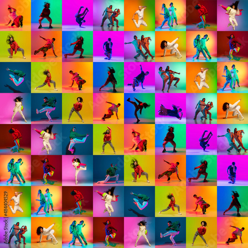Collage with break dance or hip hop dancers dancing isolated over multicolored background in neon. Youth culture, movement, music, fashion, action.