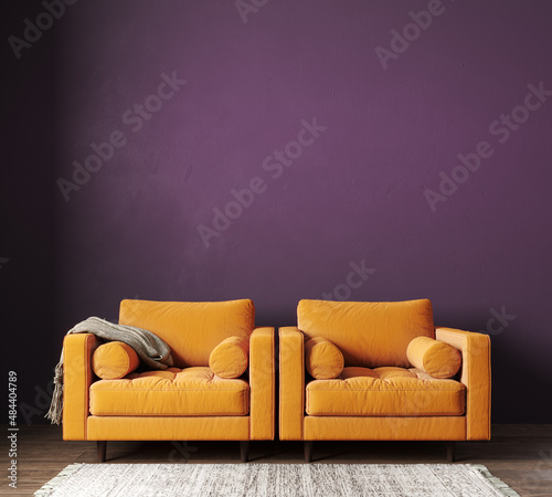 Interior with two orange colored armchairs and empty purple wall background 3D Rendering, 3D Illustration  © hd3dsh