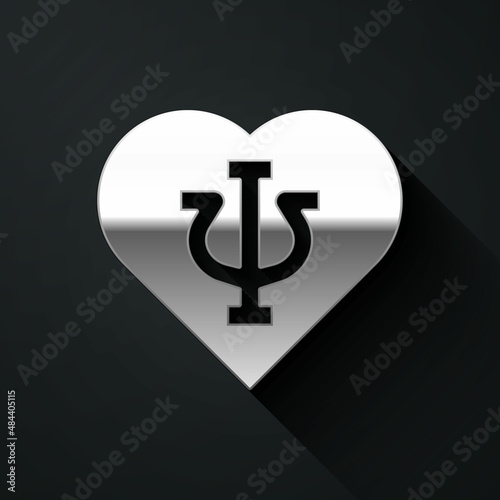 Silver Psychology icon isolated on black background. Psi symbol. Mental health concept, psychoanalysis analysis and psychotherapy. Long shadow style. Vector
