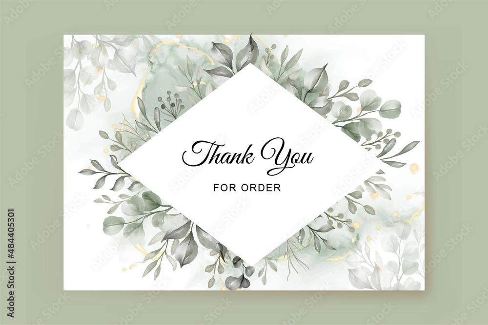 Thank you card template with greenery leaves Stock Vector | Adobe Stock