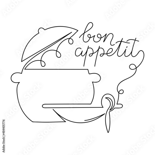 Continuous linear drawing inscription Bon appetit, pot with lid and plate .