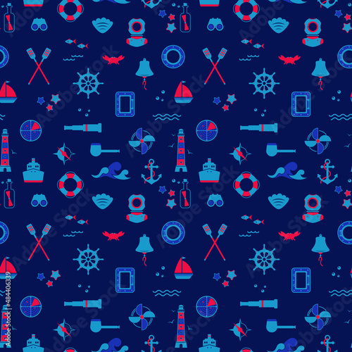 Vector seamless pattern of icons on the theme of the sea, navigation, sea travel. Nautical illustration of objects of navigation, seafaring