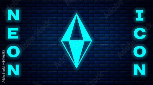 Glowing neon Gem stone icon isolated on brick wall background. Jewelry symbol. Diamond. Vector