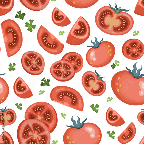 Seamless background of juicy tomatoes and greens on a white background . A variety of ripe fruits, rings and pieces. Vector pattern in cartoon style for fabric or packaging