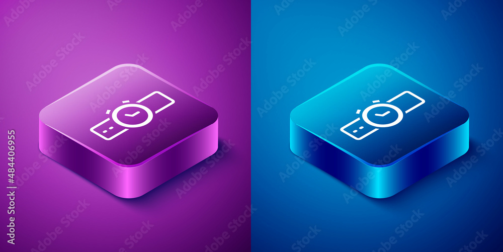 Isometric Wrist watch icon isolated on blue and purple background. Wristwatch icon. Square button. Vector Isometric Wrist watch icon isolated on blue and purple background. Wristwatch icon. Square button. Vector