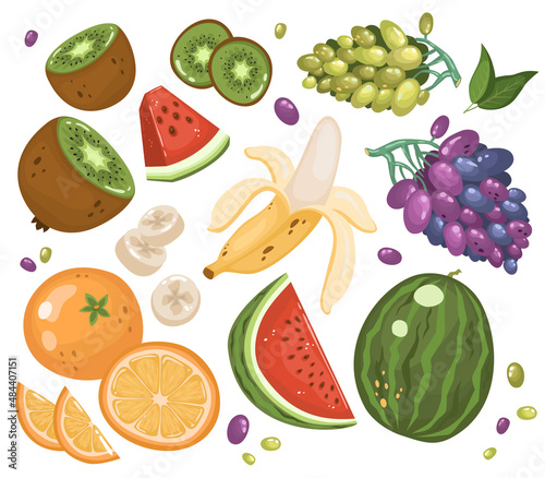 set of fruits. Healthy vegetarian food. banana  kiwi  watermelon  orange  grapes. Vector illustration in cartoon style