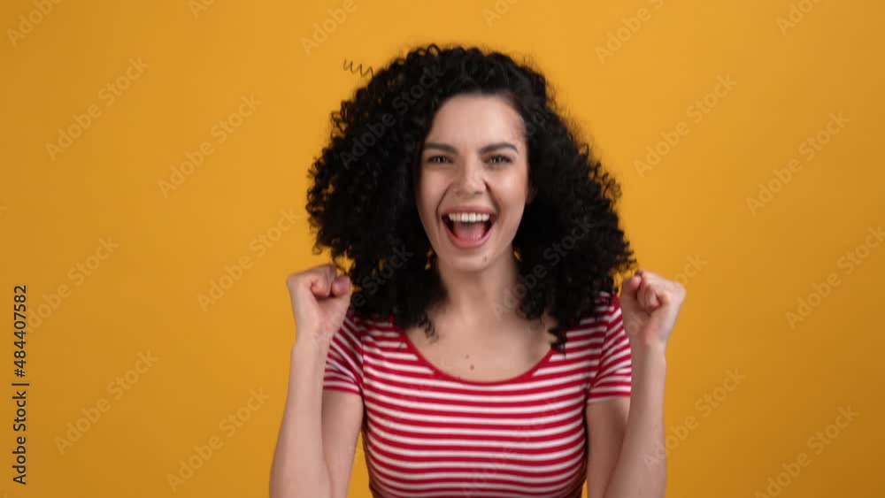Ecstatic lady fist up rejoice achievement isolated bright color background Ecstatic lady fist up rejoice achievement isolated bright color background