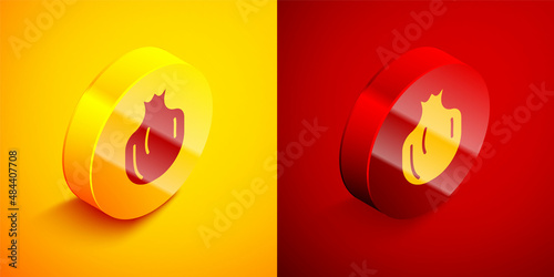 Isometric Pomegranate icon isolated on orange and red background. Garnet fruit. Circle button. Vector