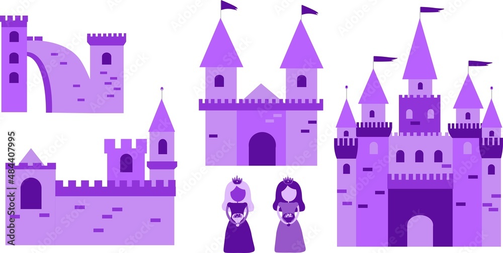 The princess castle in gentle colors. Vector illustration of castle and princess. Pink castle. Palace for girls. Prince with queen and king.