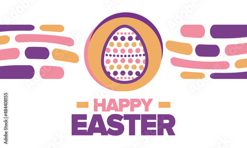 Happy Easter in April. Christian spring holiday in honor of the resurrection of Christ. Biblical history. Traditional dyeing eggs with patterns, fun game for children searching for easter eggs. Vector
