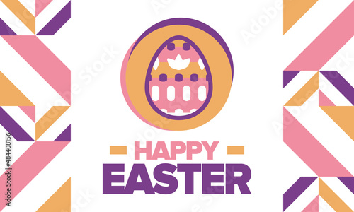 Happy Easter in April. Christian spring holiday in honor of the resurrection of Christ. Biblical history. Traditional dyeing eggs with patterns, fun game for children searching for easter eggs. Vector