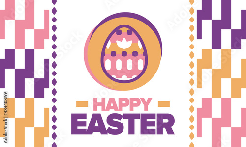 Happy Easter in April. Christian spring holiday in honor of the resurrection of Christ. Biblical history. Traditional dyeing eggs with patterns, fun game for children searching for easter eggs. Vector