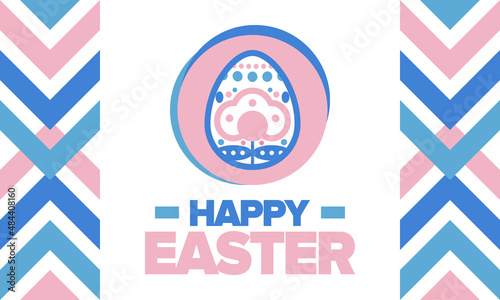 Happy Easter in April. Christian spring holiday in honor of the resurrection of Christ. Biblical history. Traditional dyeing eggs with patterns, fun game for children searching for easter eggs. Vector