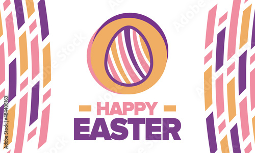 Happy Easter in April. Christian spring holiday in honor of the resurrection of Christ. Biblical history. Traditional dyeing eggs with patterns, fun game for children searching for easter eggs. Vector