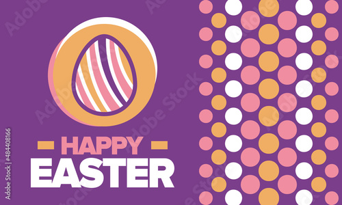 Happy Easter in April. Christian spring holiday in honor of the resurrection of Christ. Biblical history. Traditional dyeing eggs with patterns, fun game for children searching for easter eggs. Vector