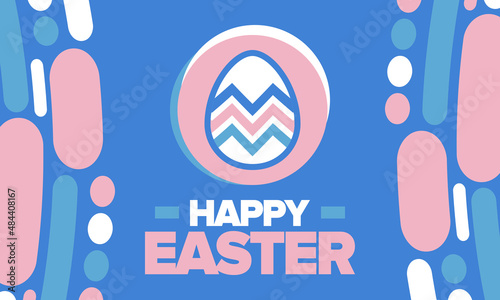 Happy Easter in April. Christian spring holiday in honor of the resurrection of Christ. Biblical history. Traditional dyeing eggs with patterns, fun game for children searching for easter eggs. Vector