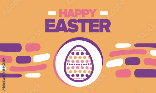 Happy Easter in April. Christian spring holiday in honor of the resurrection of Christ. Biblical history. Traditional dyeing eggs with patterns, fun game for children searching for easter eggs. Vector