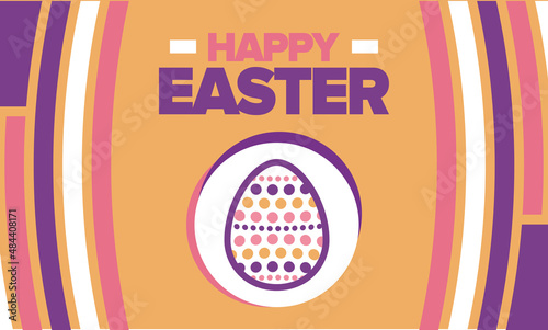 Happy Easter in April. Christian spring holiday in honor of the resurrection of Christ. Biblical history. Traditional dyeing eggs with patterns, fun game for children searching for easter eggs. Vector