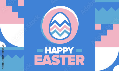 Happy Easter in April. Christian spring holiday in honor of the resurrection of Christ. Biblical history. Traditional dyeing eggs with patterns, fun game for children searching for easter eggs. Vector