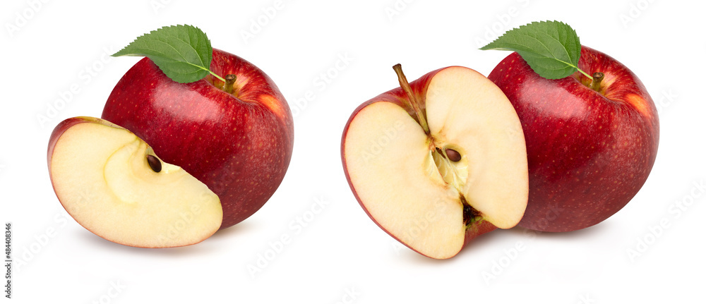 Red apple with leaves and slices isolated on white background Red apple with leaves and slices isolated on white background
