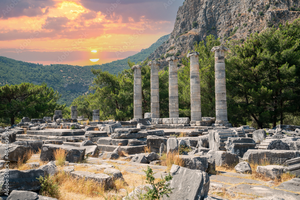 Ruins of the ancient city of Priene, Ionic columns of the Temple of Athena Polias in Priene. The city is an Ionian city established in Aydın Söke, approximately 100 km from the ancient city of Ephesus