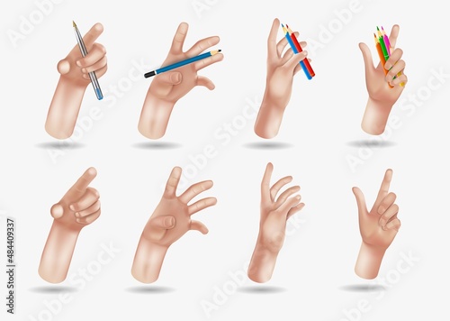 3d realistic pencil in hand with shadow isolated on white background. Vector Hands set of realistic 3d design in cartoon style. Hand shows different gestures signs.