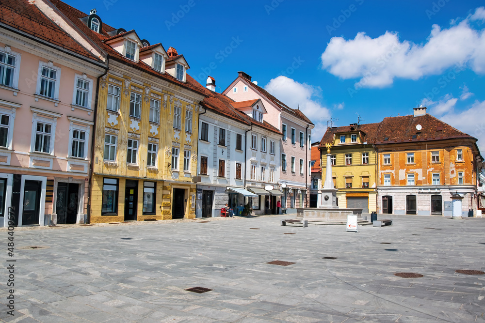 Panoramic view of Main Square - Glavni trg - of medieval town of Kranj, Slovenia